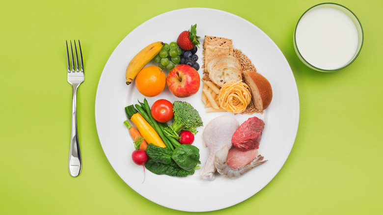 MyPlate Guide pictured with real food on a plate with a green background