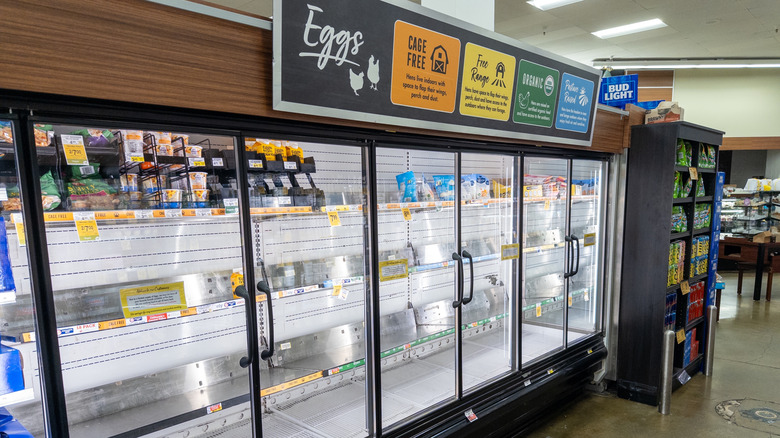 Empty egg shelves at a grocery store