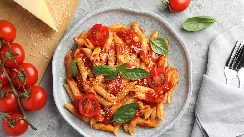 Pasta with tomato sauce, tomato pieces, cheese and basil.