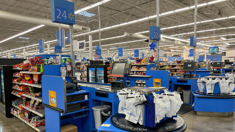 A line of Walmart checkout lines are shown