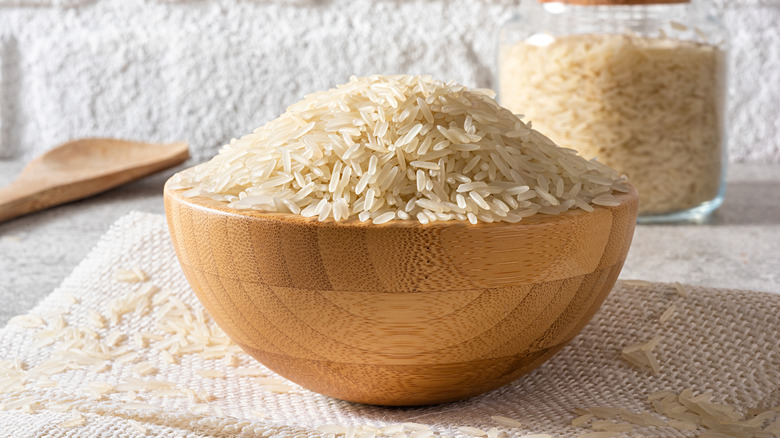 Wooden bowl filled with long grain