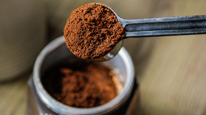 A spoonful of coffee grounds above a jar of ground coffee