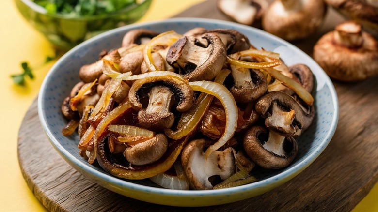 bowl of crispy and tender caramelized mushrooms and onions over a wooden background