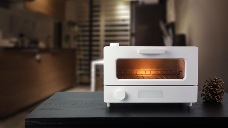 A white toaster oven in a modern kitchen with a pinecone next to it