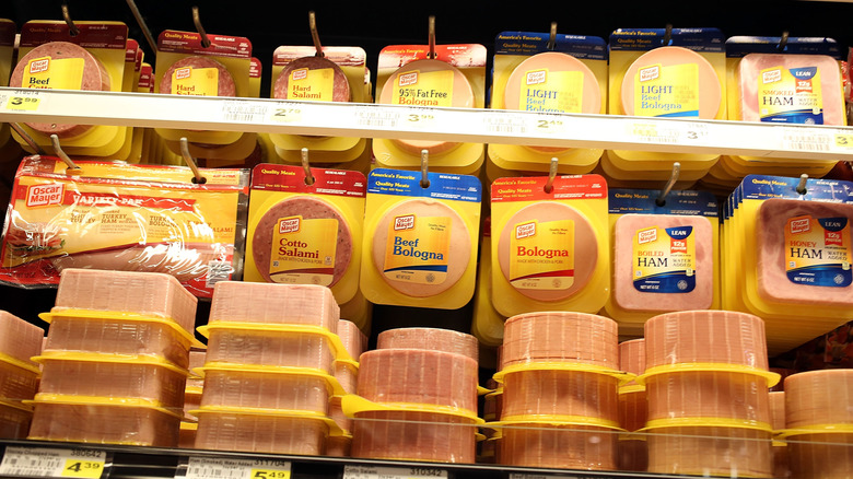 A display of bologna meat at grocery store