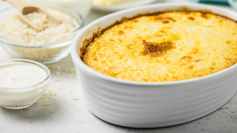 A baked cheesy rice casserole