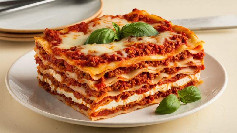 Lasagna served on a white plate decorated with basil.