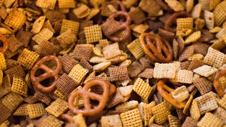 close-up of homemade chex mix