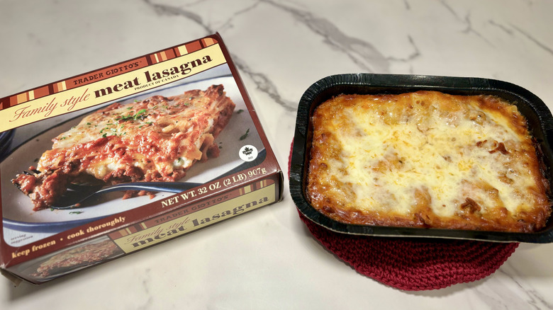 Box and container of Trader Joe's lasagna