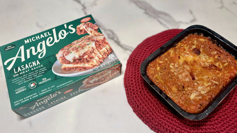 Box and container of Michael Angelo's meat lasagna