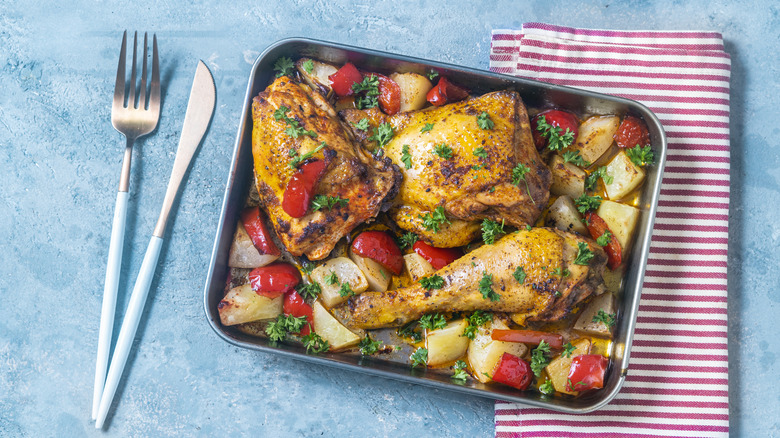 Cooked chicken in a pan