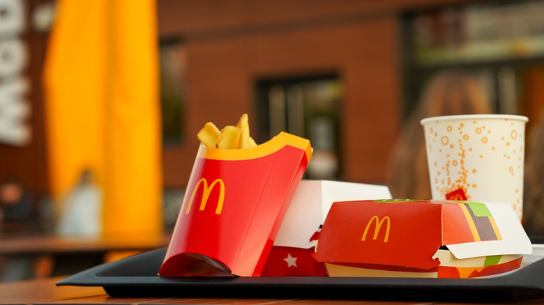 McDonald's food on a tray outside a mcdonald's restaurant