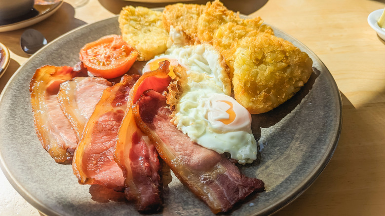 British bacon in a full English breakfast