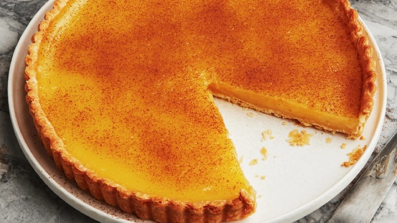 A yellow tart sprinkled with cinnamon and served on a white plate.