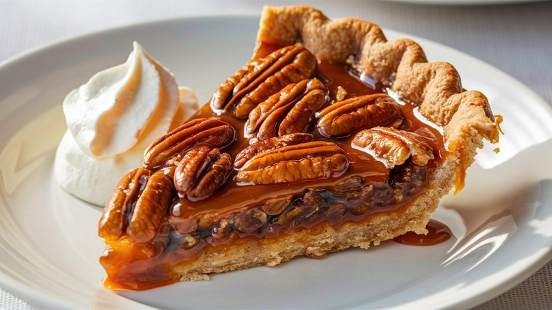 A slice of pecan pie on a plate with a dollop of cream on the side