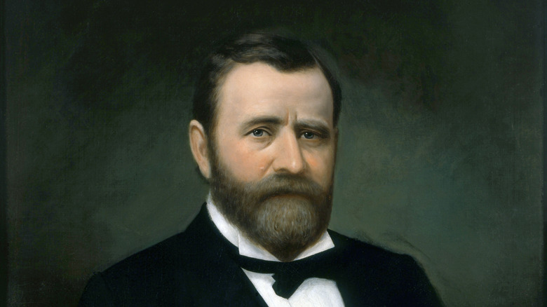 An oil painting of Ulysses S. Grant wearing a tuxedo against a forest green background