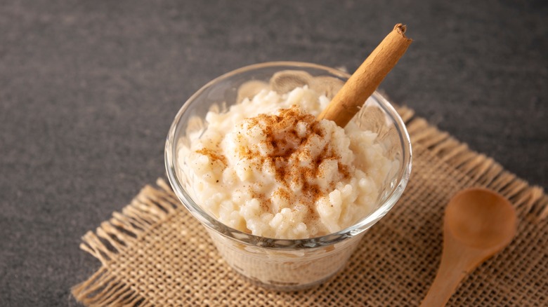 Dish of rice pudding with cinnamon