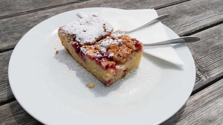 A fruit bar on a white plate with powdered sugar on it