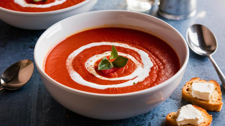 Bowl of red pepper soup with spoon and toast