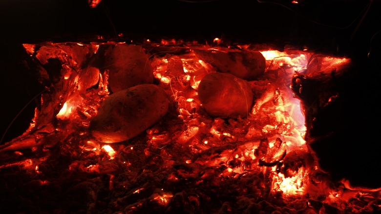 potatoes roasting in a fire