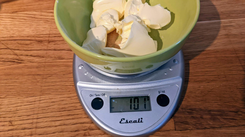 bowl of margarine on a scale