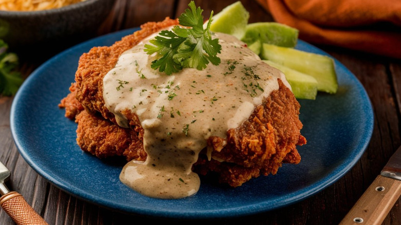 A country fried steak covered in white sauce on a blue plate