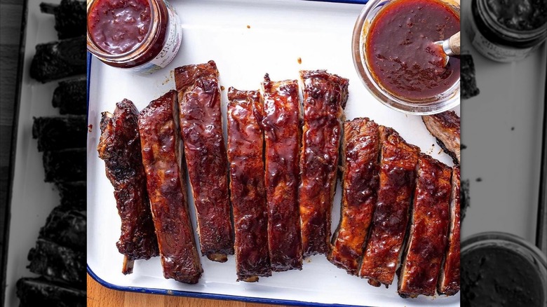 jam, bbq sauce with ribs