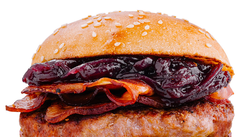 Burger with red onion jam as a topping