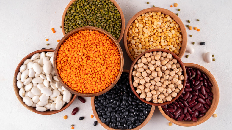 Assorted bowls of dried beans and lentils