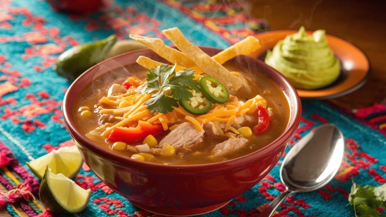 A bowl of chicken tortilla soup on a colorful tablecloth.