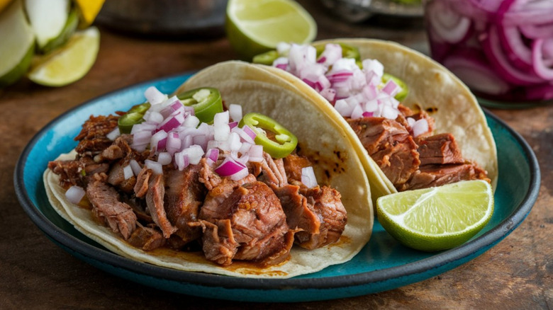 Cochinita pibil tacos topped with peppers and pickled red onion